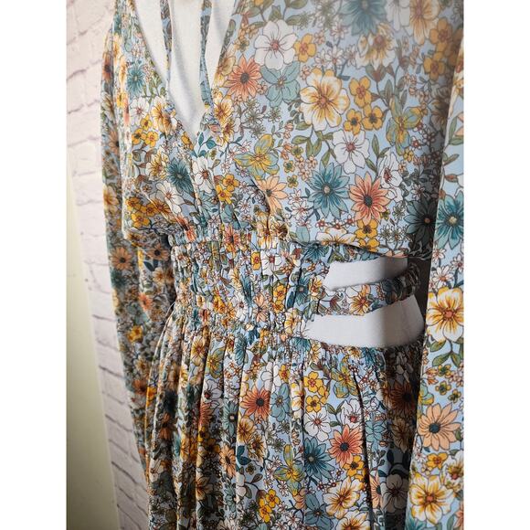 No Comment Womens L Floral‎ Dress & Side Waist Slits Puffy Sleeves Boho - Picture 12 of 16
